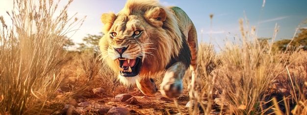 Predator attacking angry lion hunting in safari banner made with Generative AI