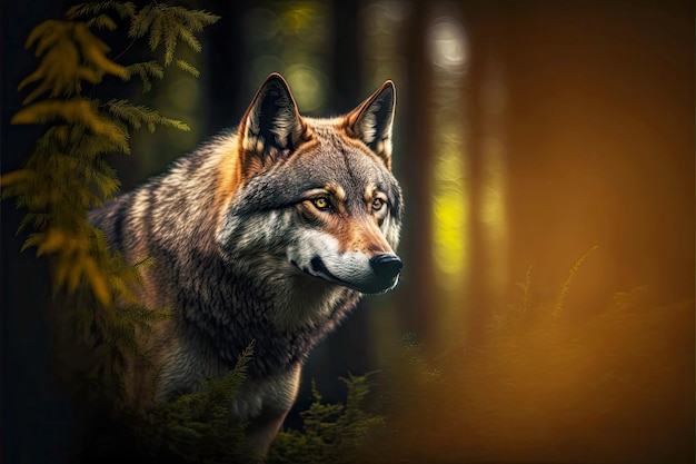 Predator wolf head watching prey in forest on blurred background