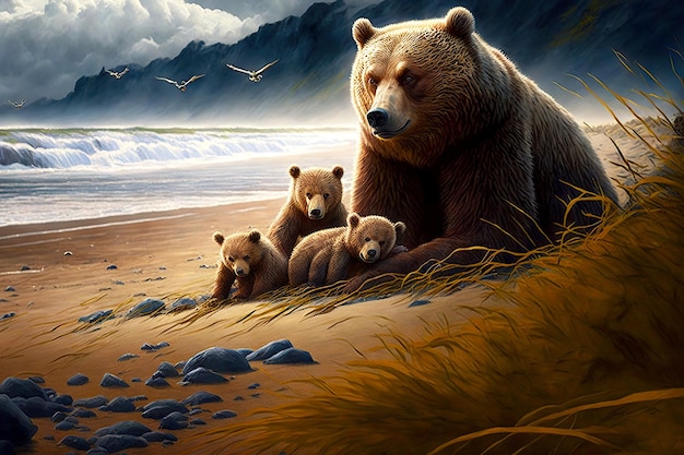 Photo predatory brown bear with cubs on sand on seashore