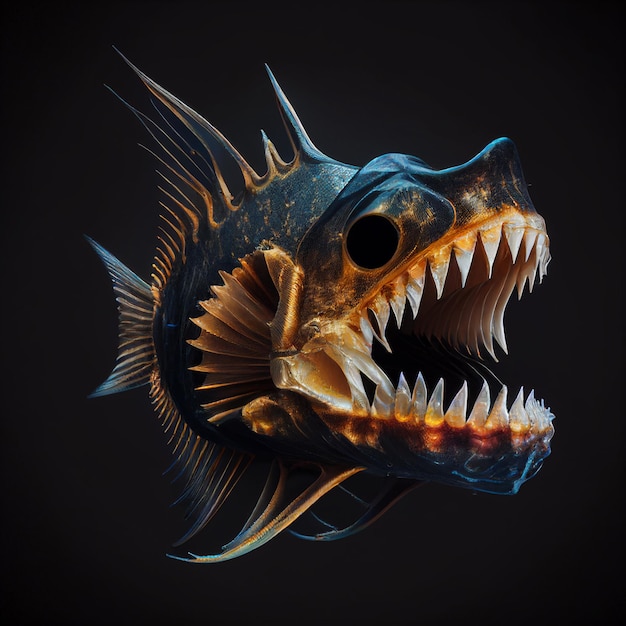 Скелет хищной рыбы с большими зубами, изолированными на черном крупным планом, ужас, необычные фэнтезийные обои