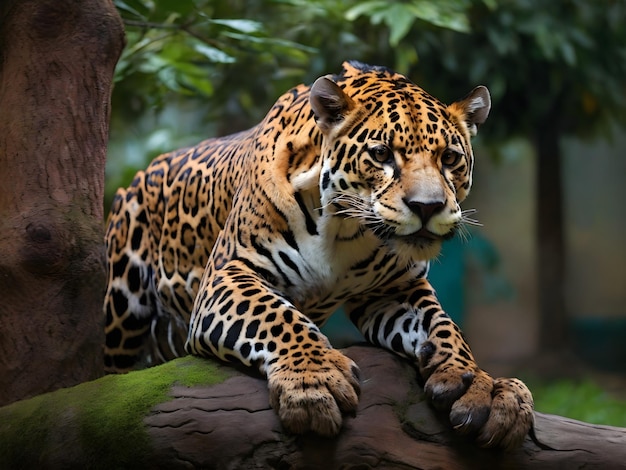 Predatory Jaguar Perched Upon a Tree in the Zoo