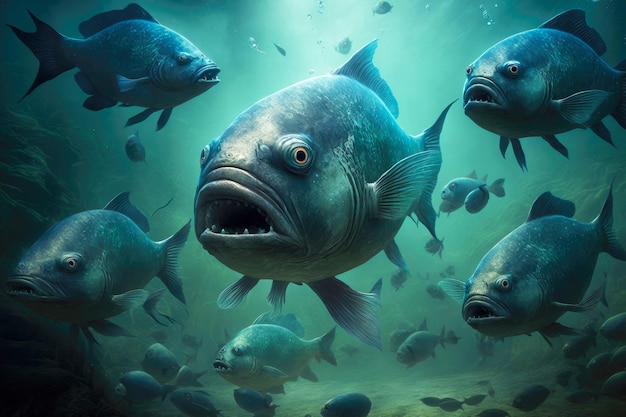 Predatory large piranhas hunt in blue water of deep river created with generative ai