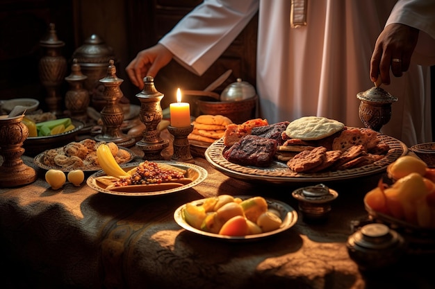 Фото Ужин сухур перед рассветом, отражающий дисциплину рамадана