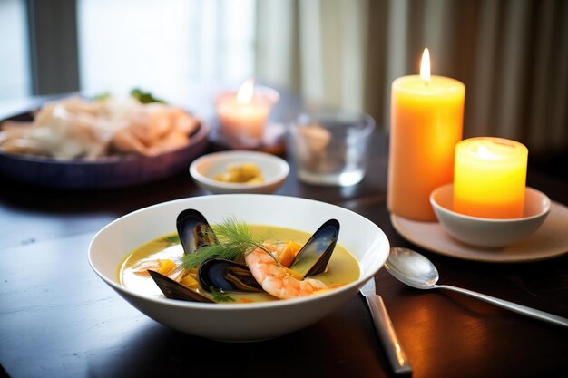 Foto predinner bouillabaisse op een gedekte tafel met kaarsen