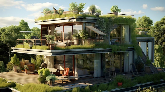 A prefabricated home with a rooftop garden or green roof