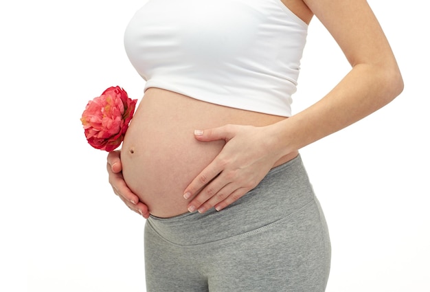 Gravidanza, maternità, persone e concetto di aspettativa - primo piano di felice donna incinta con fiore che tocca la sua pancia nuda