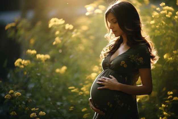 Pregnancy the process of a woman carrying a fetus in conjunction with the changes that occur in her body happiness young mom joy pregnant mom It's a miracle a pregnant woman in a dress