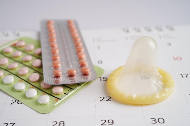 Pregnancy test with birth control pills and condom for female on calendar ovulation day