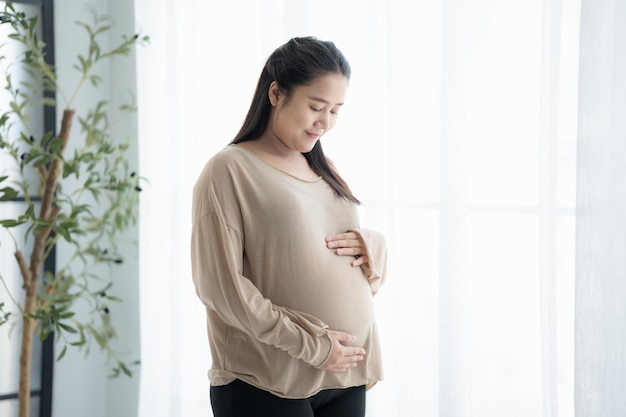 임신한 아시아 여성은 배에 손을 고 아기를 만지고 건강에 신경 쓰고 아름다운 행복한 임신한 여성 임신의 부드러운 기분 사진