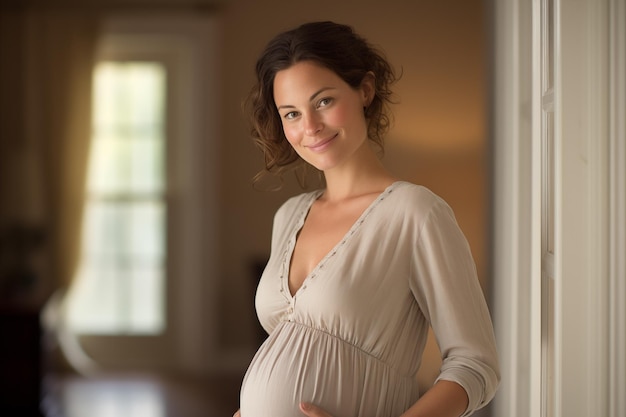 Pregnant brunette girl at indoors