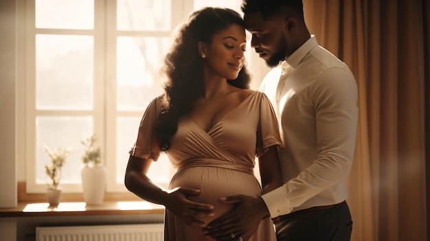 a pregnant couple in a photo studio.