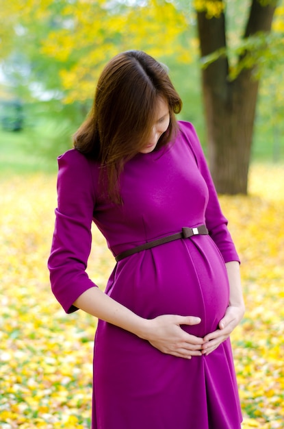 Pregnant girl in purple dress hugs your tummy in the fall