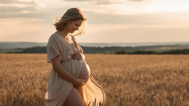 Photo the pregnant girl stands on the fiield