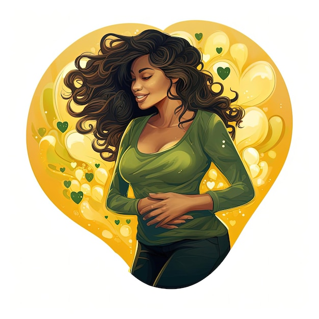 심장 모양의 장식으로 노란색 베스트를 입은 임신한 소녀 제리의 스타일의 터 일러스트레이션