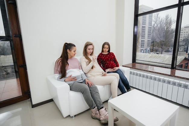 Pregnant girls sit on the couch and have fun chatting with each other. Pregnancy and taking care of the child's future