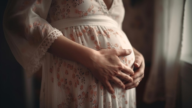 A pregnant lady holds her hands on her stomach closeup center on her stomach bokeh is obscured from behind a children's room AI Generated