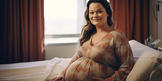 임신 한 여인 이 병원 객실 에서 휴식 을 하고 있다