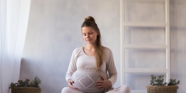 成長する赤ちゃんと触れ合いながら座っている妊婦