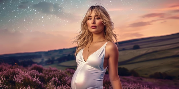 Photo pregnant model poses in a field of lavender at sunset