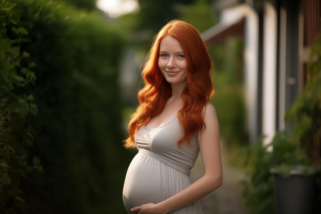 Pregnant pretty redhead woman at outdoors