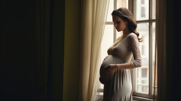 A pregnant woman in a dress sits by the window