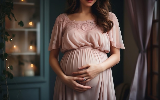 A pregnant woman in a dress standing in front of a christmas tree AI