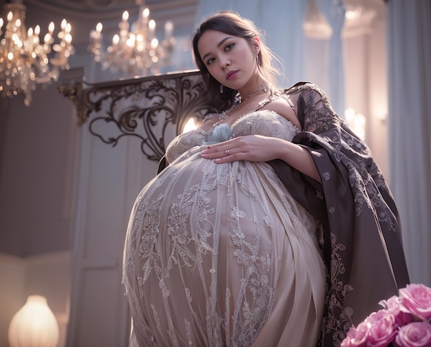 A pregnant woman in a dress stands in a room with a chandelier and a chandelier.