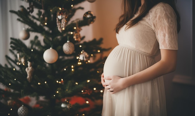 Pregnant woman in dress touching her belly on the background of christmas tree