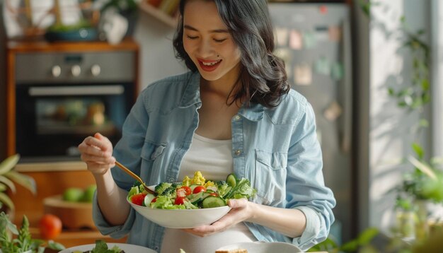 Photo pregnant woman eating healthy salad