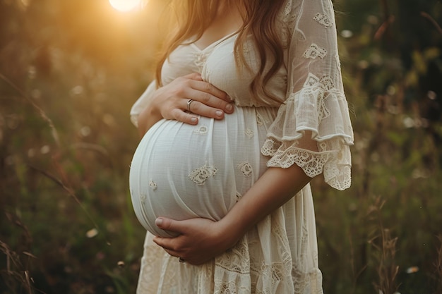 妊娠中の女性は自然の中の腹を抱きしめ日光を浴びています