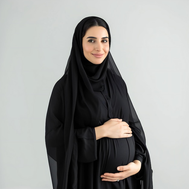 A Pregnant Woman Embracing Her Belly Wearing a Black Hijab Capturing a Serene Maternity Moment