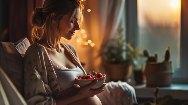 사진 영양이 풍부 한 아사이 그 을 마시며 평온 한 순간 을 즐기는 임신 한 여자