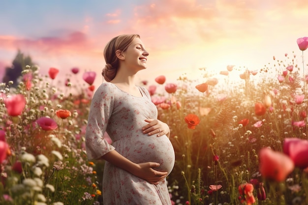 A pregnant woman in a field of flowers