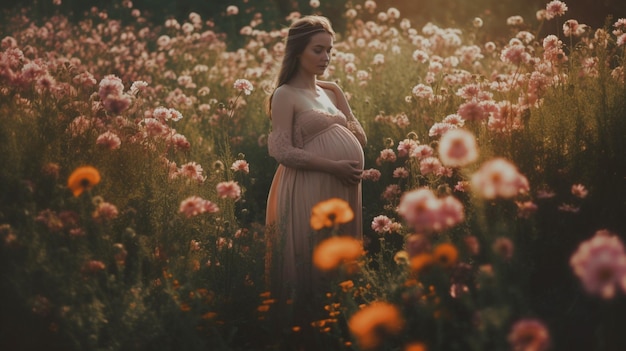 Беременная женщина в поле цветов