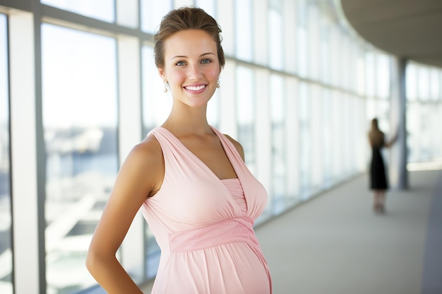 Pregnant woman holding her belly while standing in her room at home