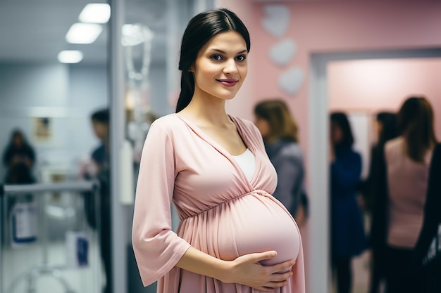 Pregnant woman holding her belly while standing in her room at home