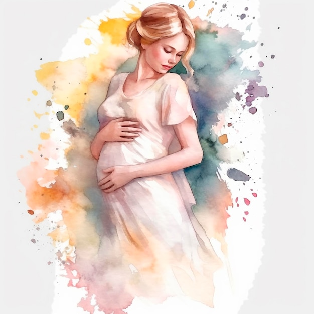 A pregnant woman is painted in watercolor and is holding her belly.