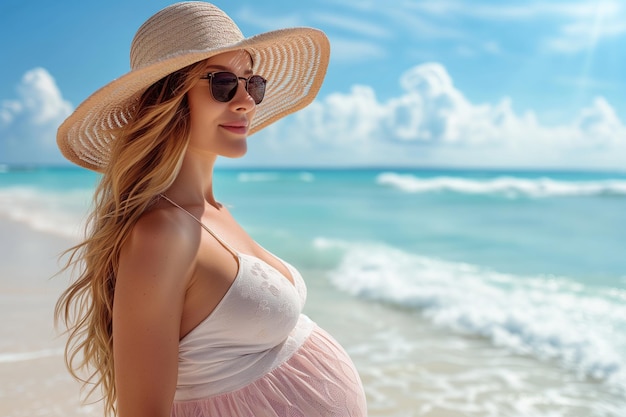 임신한 여성이 모자와 선글라스를 입고 해변에서 휴식을 취하고 바다 전망을 즐기고 있습니다.