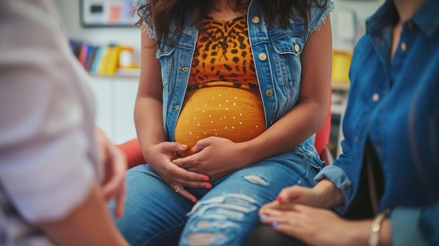 a pregnant woman is sitting on a couch with her hands around her belly