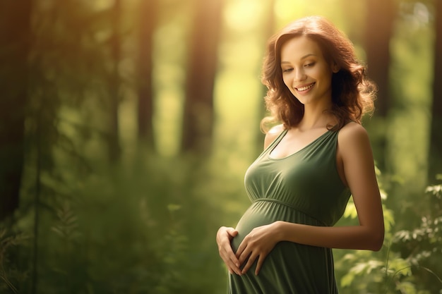 A pregnant woman is standing in the forest