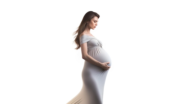 A pregnant woman is standing in front of a white background