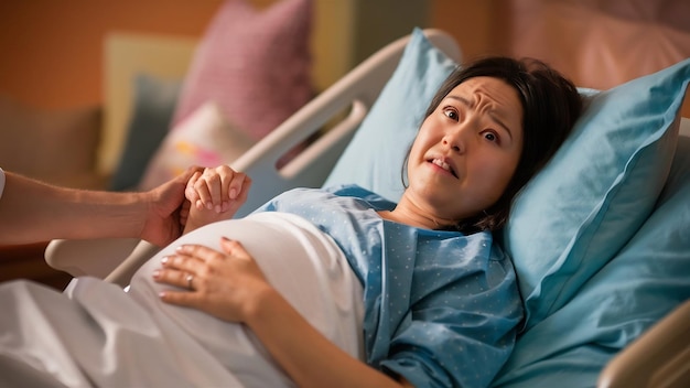 Pregnant woman is suffering because close to the brith lying in a patient bed