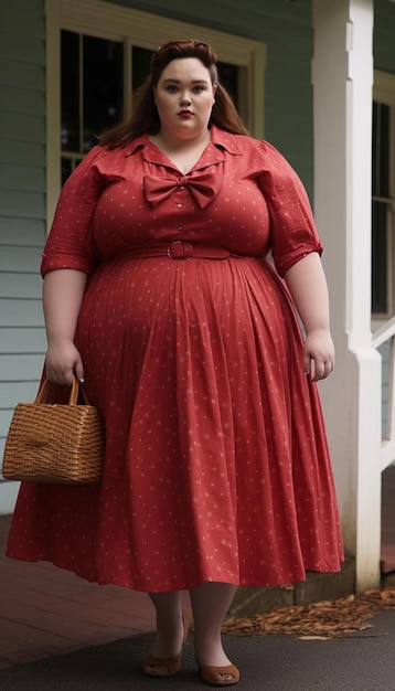 Photo a pregnant woman is wearing a red dress and a brown handbag