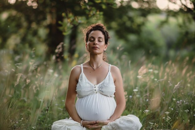 Беременная женщина медитирует на траве на голубом фоне природы