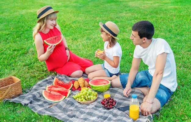 ピクニックの妊婦。セレクティブフォーカス。食べ物。