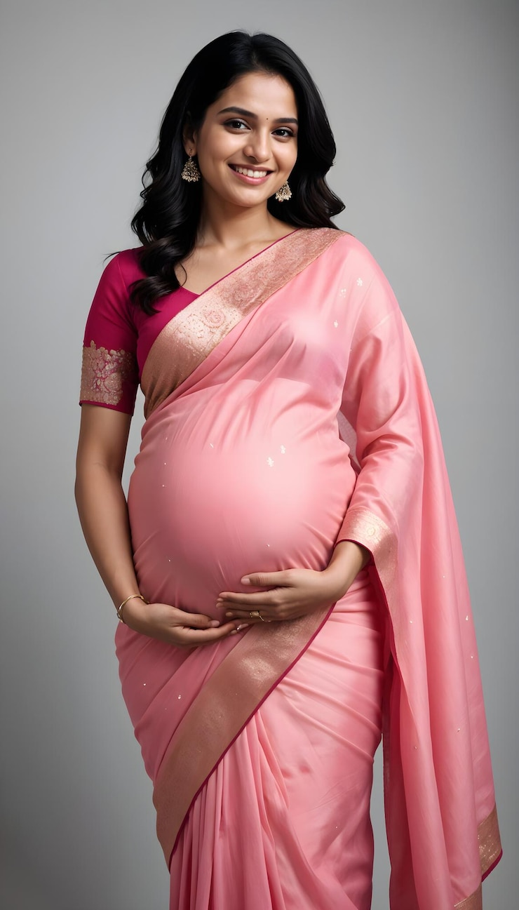A pregnant woman in pink sari