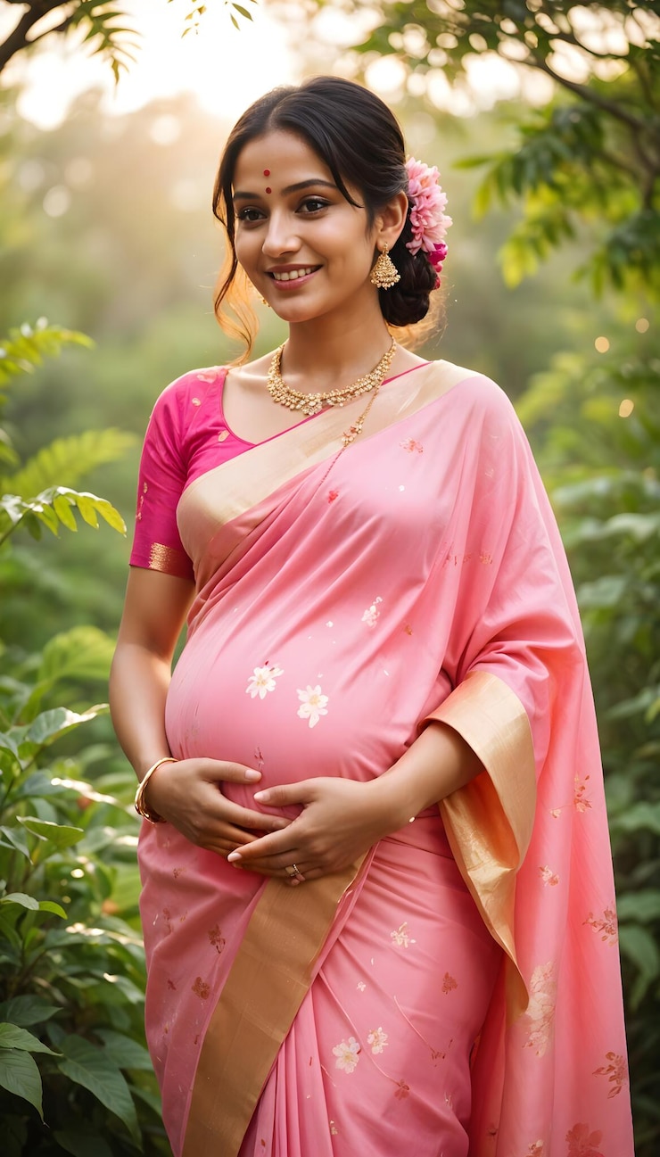 pregnant woman in pink with flowers on her head