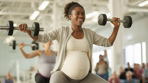 Photo pregnant woman plays sports with dambbels