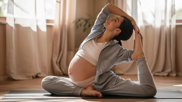 Pregnant woman practicing yoga on mat at home