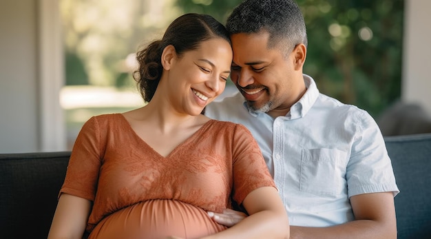 A pregnant woman sits on a bench with her husband.